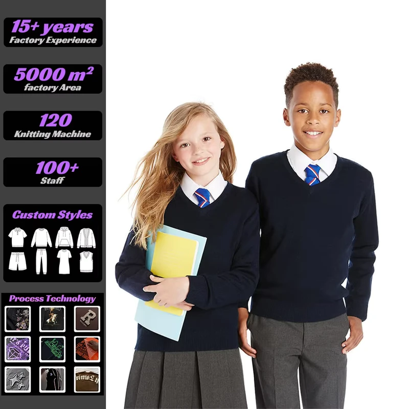 VSCOO Children School Uniform Design Long Sleeve Knit v Neck Pullover School Uniform Sweaters