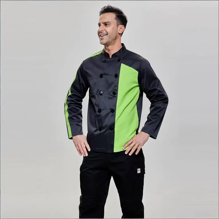 Vibrant-Contrast-Long-Sleeve-Chef-Jacket-Fluorescent-Green-Double-Breasted-Customizable-Catering-Uniform
