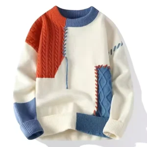 Vintage Color Contrast Patchwork Knit Fashion Design Sense Sweater Men Casual O neck Base Sweater Sweater