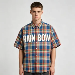 Vintage Color Plaid Short Sleeve Shirt Men Silk Screen Printing Front Button Down Loose Fit Casual Daily StreetWear