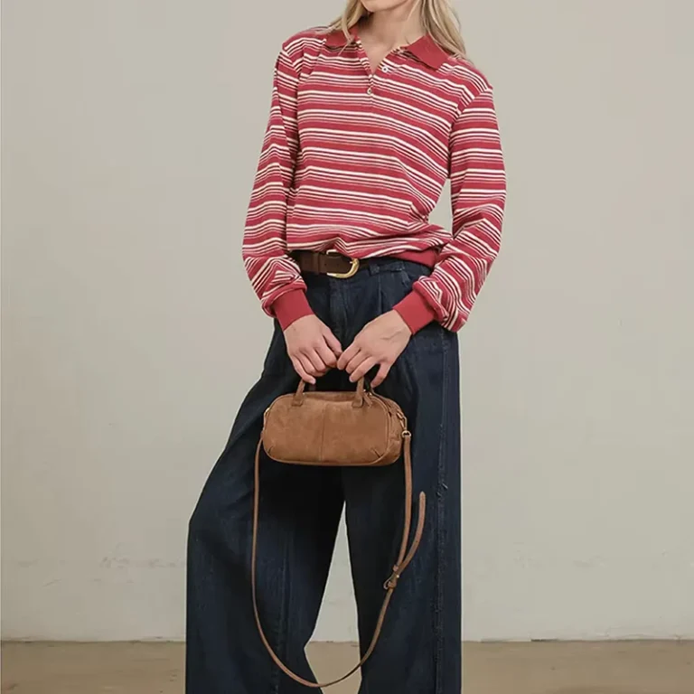Vintage-Retro-Preppy-Casual-Loose-Knit-Shirt-Women-Red-White-Horizontal-Stripe-Long-Sleeve-Polo-Shirt