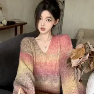 Vintage and Sweet V neck Color block Gradient Relaxed Style Loose Sweater for Autumn Slimming Long sleeved Knit Top