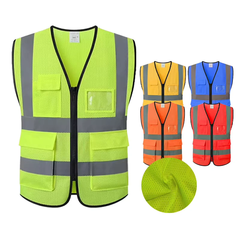 WX High Visibility Mesh Safety Vests Multi Pocket Construction Worker Hi Vis Security Vest Reflective with Zipper