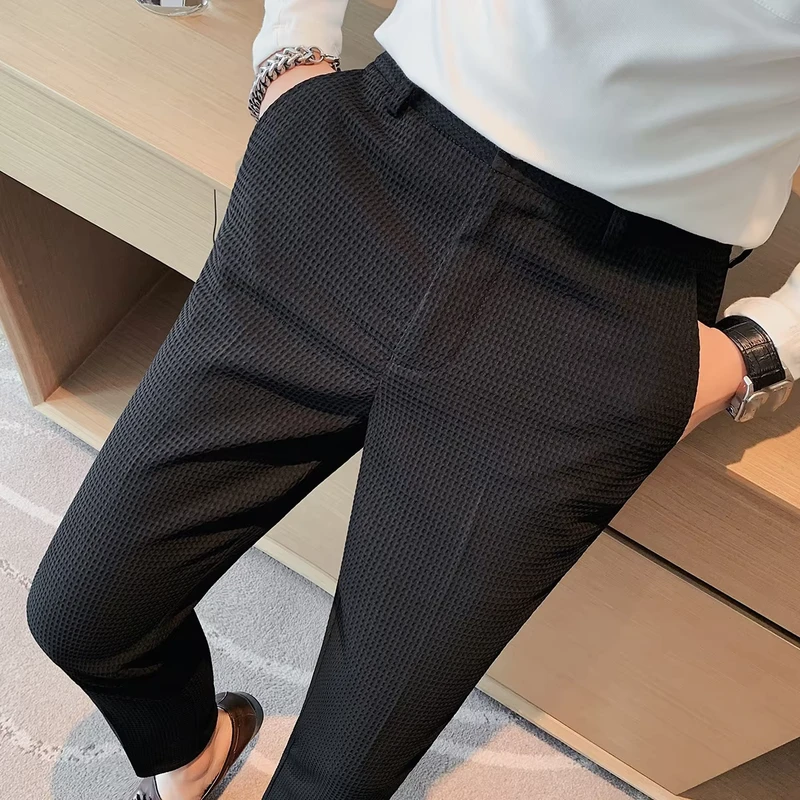 Waffle Casual Dress Pants Men's Spring and Autumn Business Formal Suit Pants Slim-Fit Elastic Waist