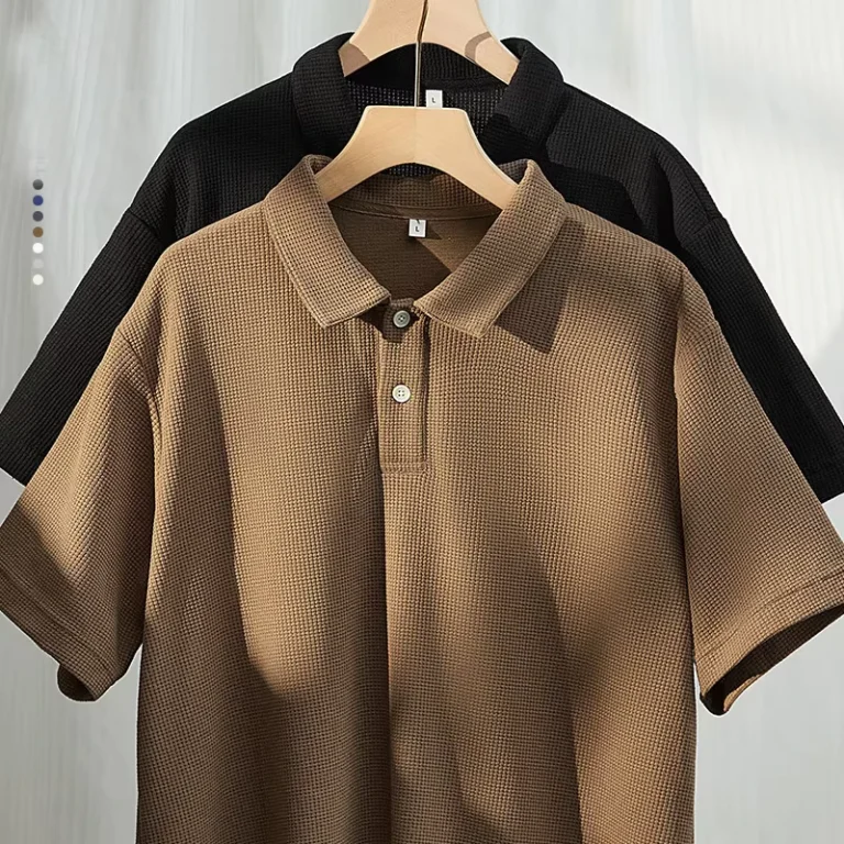 Waffle-Short-sleeved-POLO-Shirt-Loose-and-Comfortable-Temperament-Lapel-T-shirt-Cotton-and-Polyester-Blend
