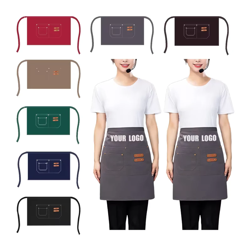 Waiter Workwear Half Apron Canvas Waterproof Customizable Cooking Kitchen Apron Unisex with Customized Logo