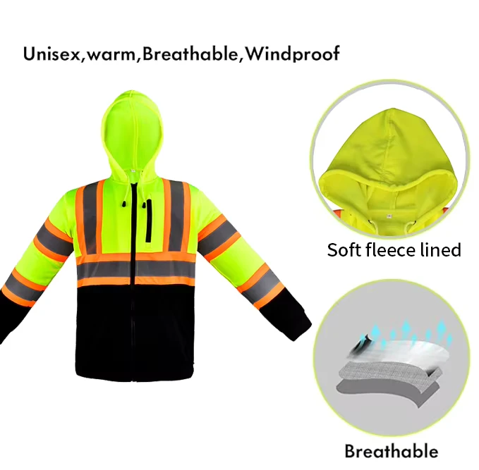 Warm Windproof ANSI Class 2 High Visibility Reflective Customized Logo Construction Safety Worker Jackets