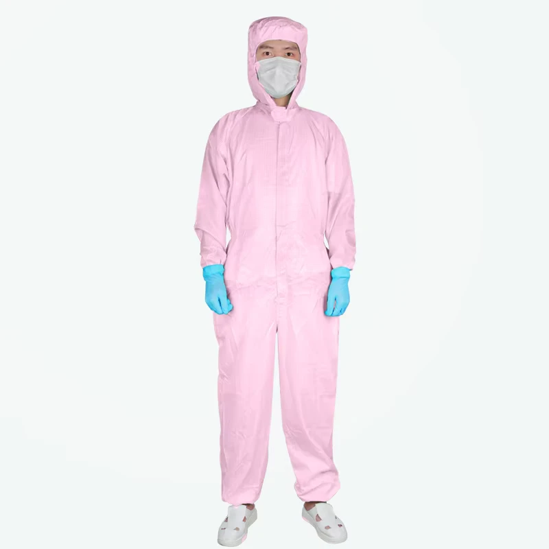 Washable Autoclavable Dust Proof Antistatic Pink ESD Lab Use Regular Fit Jumpsuit Style 5mm Grid Coverall Level D