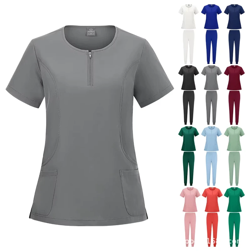 Washable Polyester Dobby Nurse Uniform Moisture-Wicking Quick-Dry Short Sleeves for Pet Hospital