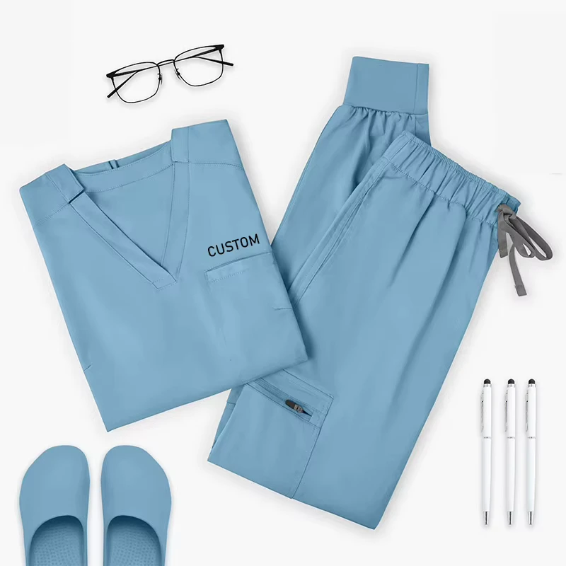 Washable Short-Sleeve Stretch Nurse Scrub Set with Embroidery