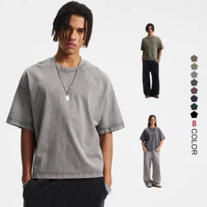 Washed Distressed 275GSM Cotton Boxy Cropped Rib Hem Oversized Round Neck Unisex T Shirts Custom Design Tshirt