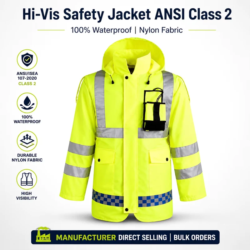 Waterproof Foldable ANSI ISEA Class 2 Reflective Safety Jacket 360 High Intensity Silver Reflective Tape Built in LED Logo