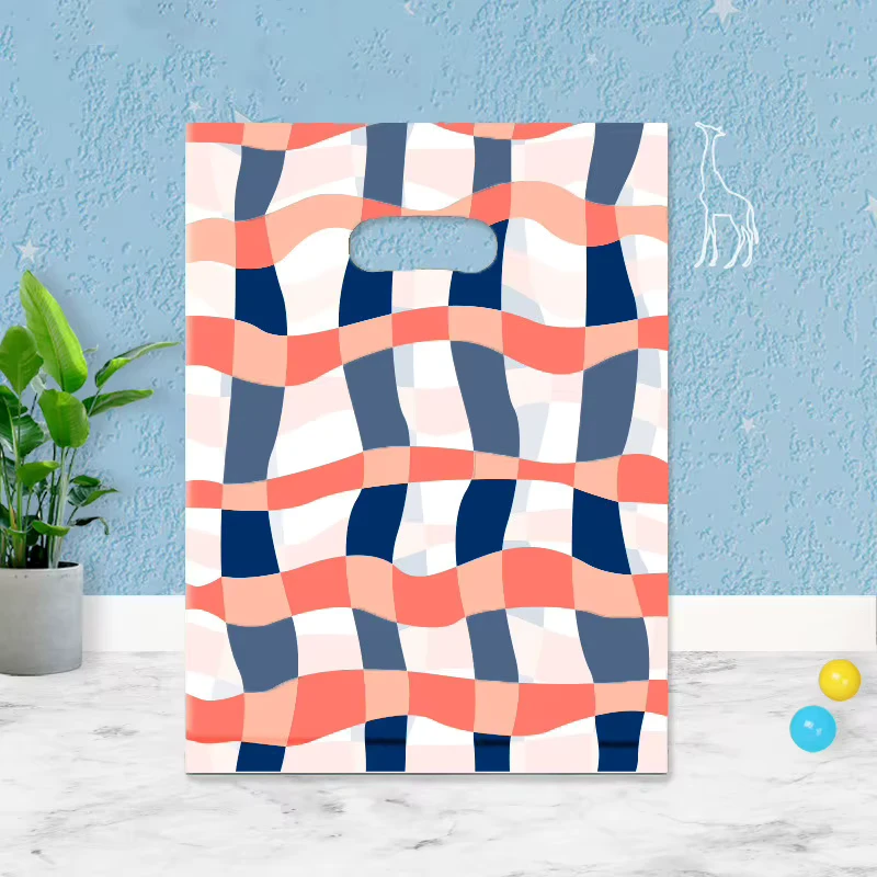 Wavy Stripe Plastic Shopping Bags with Handles, Coral Navy and Cream Abstract Print