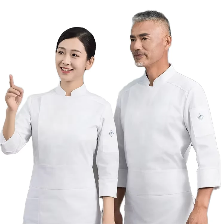 White Black Grey Woven Polyester Cotton Digital Print Unisex Chef Uniform Long Sleeve Chefjacket Chef Restaurant Uniform