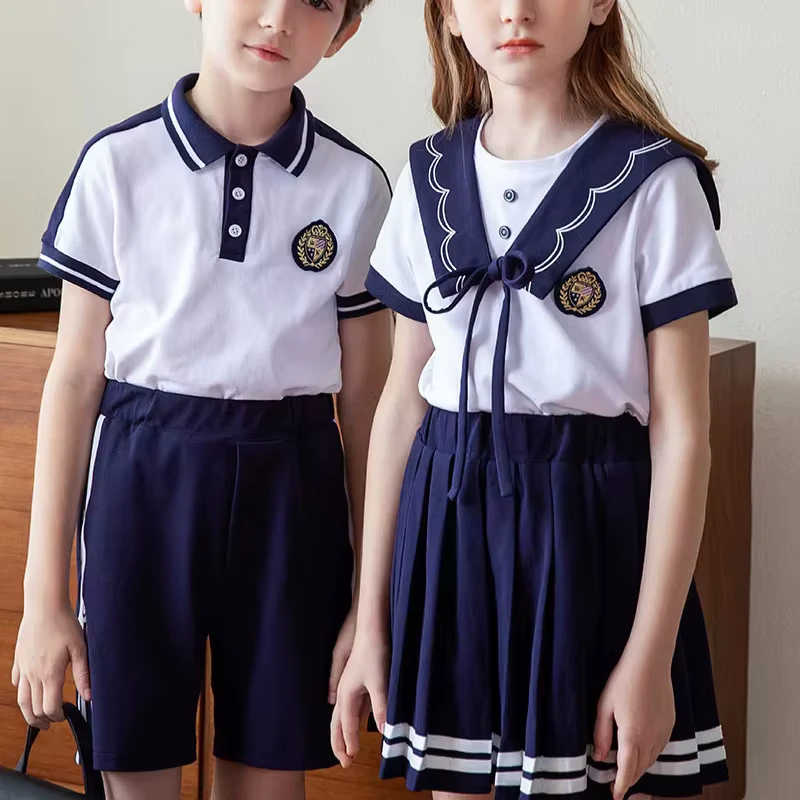White Blue School Uniform for Kindergarten Primary Middle School Students Sports Games Children Summer Class