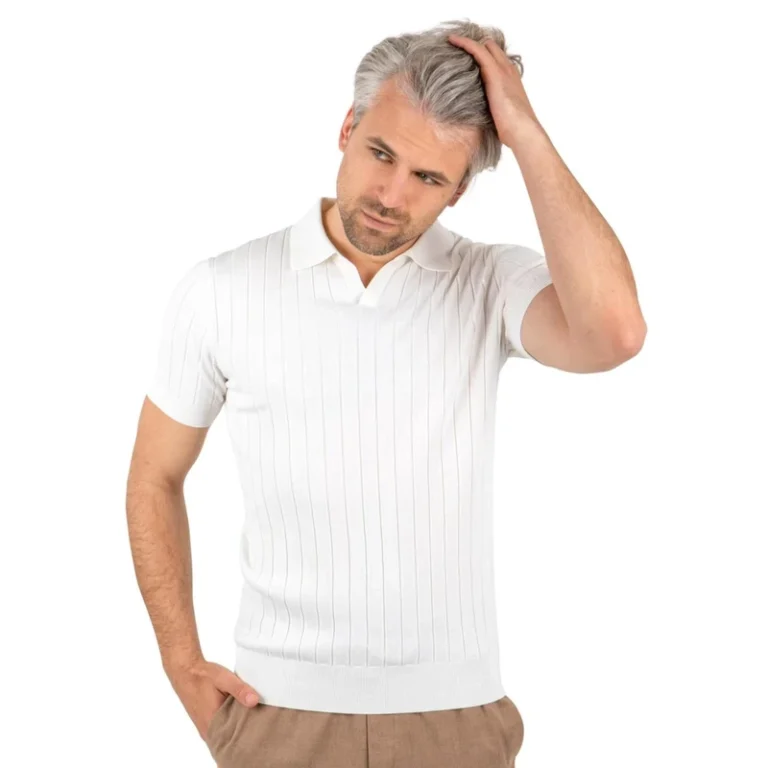 White-Cable-Knit-12GG-Solid-Short-Sleeve-Casual-Mens-Knitting-Polo-Shirts