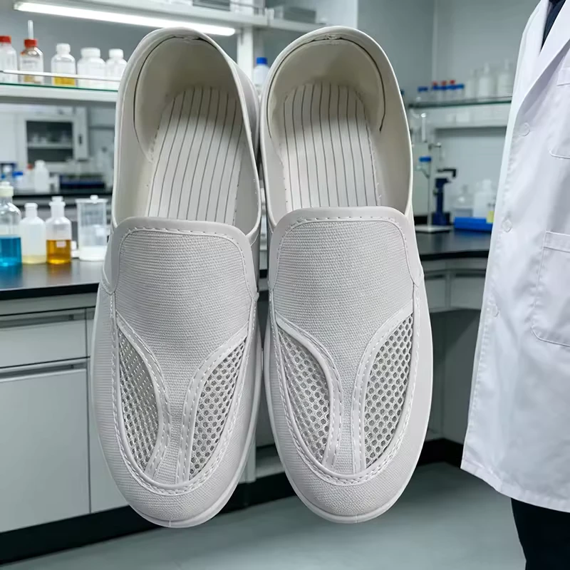 White Canvas ESD Shoes Full Mesh Canvas Upper Antistatic Breathable PU or PVC Outsole for Cleanroom Use