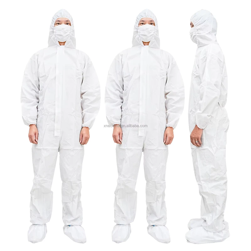White Disposable One Piece Hooded Isolation Coverall with Breathable Non Woven Membrane CE Certified