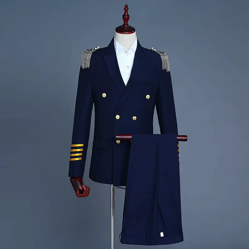 White Navy Blue Men's Captain Suit Coat Pant Set Groom Wedding Blazer Slim Fit
