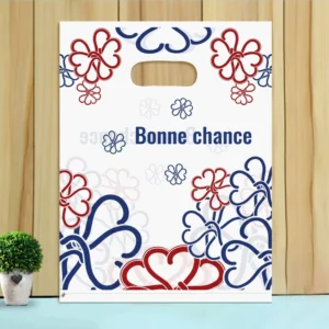 White Reusable Shopping Bag with Red Blue Floral Pattern and Bonne Chance Text for Gift or Party Use