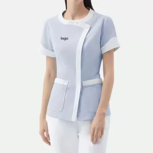 White Trim Light Blue Medical Uniform Set Stand Collar Shirt Straight Leg Pants