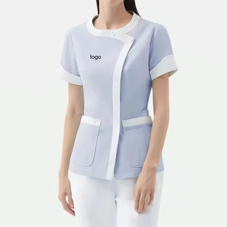 White-Trim-Light-Blue-Medical-Uniform-Set-Stand-Collar-Shirt-Straight-Leg-Pants