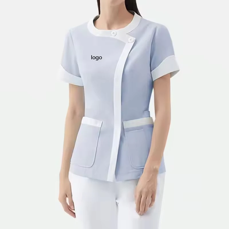 White Trim Light Blue Medical Uniform Set Stand Collar Shirt Straight Leg Pants