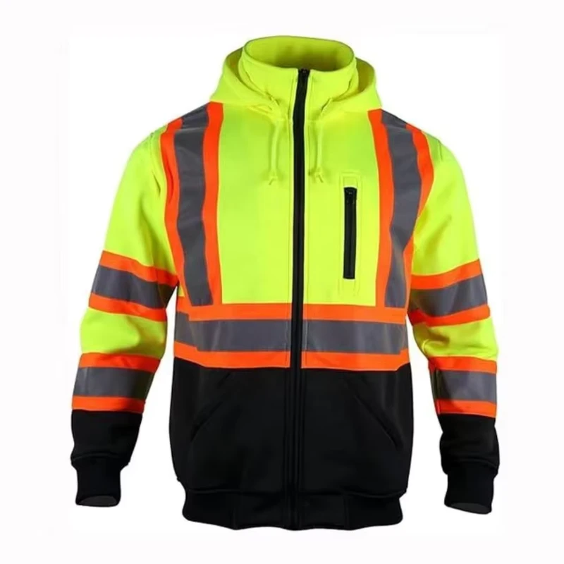 Wholesales Custom Logo Construction Winter Hi Vis Yellow Black Work Hoodie Worker Reflective Fluorescent Safety Reflector Jacket