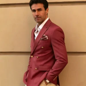 Wine Red Double breasted High end Custom Business Suit Anti static and Non shrinking 100% Wool English style Suit