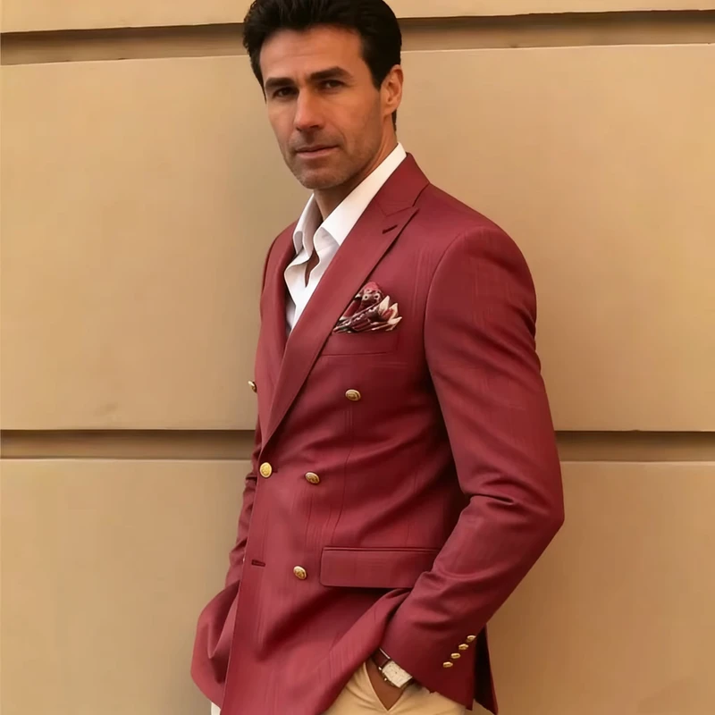 Wine Red Double breasted High end Custom Business Suit Anti static and Non shrinking 100% Wool English style Suit