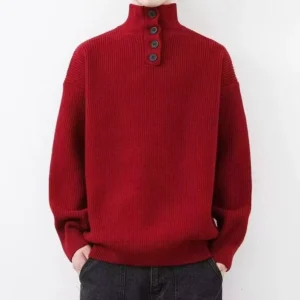 Winter Autumn Men’s Breathable Fashion Turtleneck Knitted Sweater with Front Logo 1/4 Button Design Casual Pullover