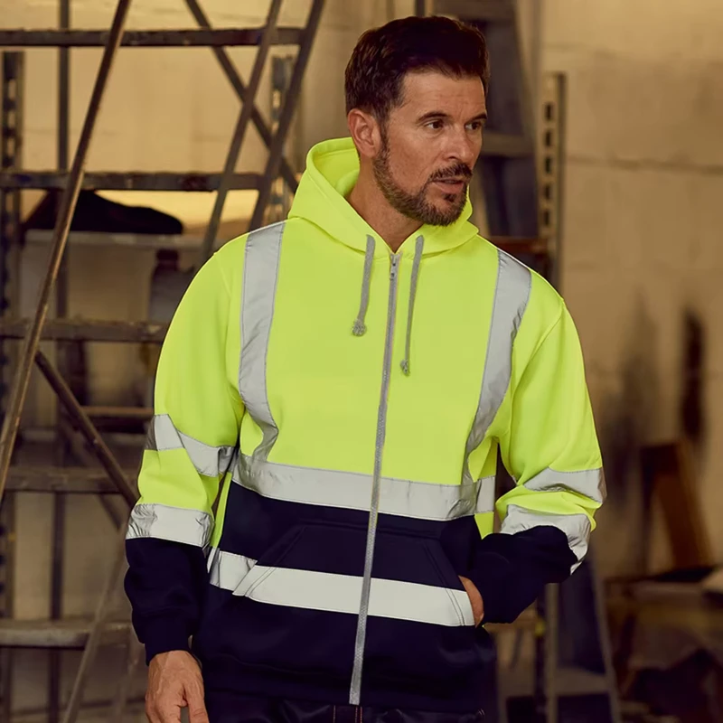 Winter Hi Visibility Reflective Waterproof Safety Hoody Yellow Long Sleeve Fleece Sweatshirt Customized Logo Color Patterns