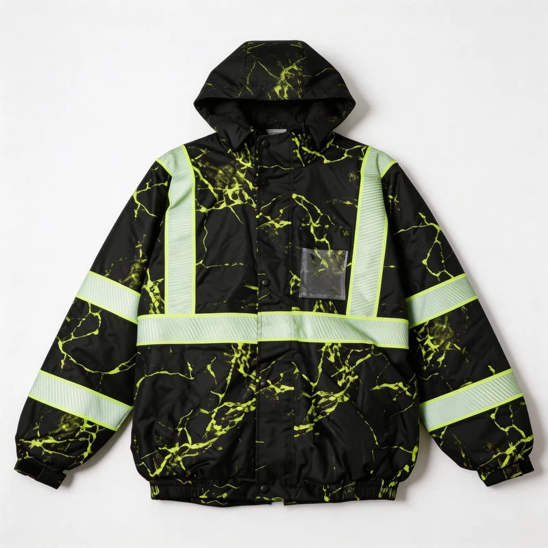 Winter Men's Breathable Polyester Coated Fleece Lining Hooded Waterproof Hi Vis Safety Reflective Workwear Jackets