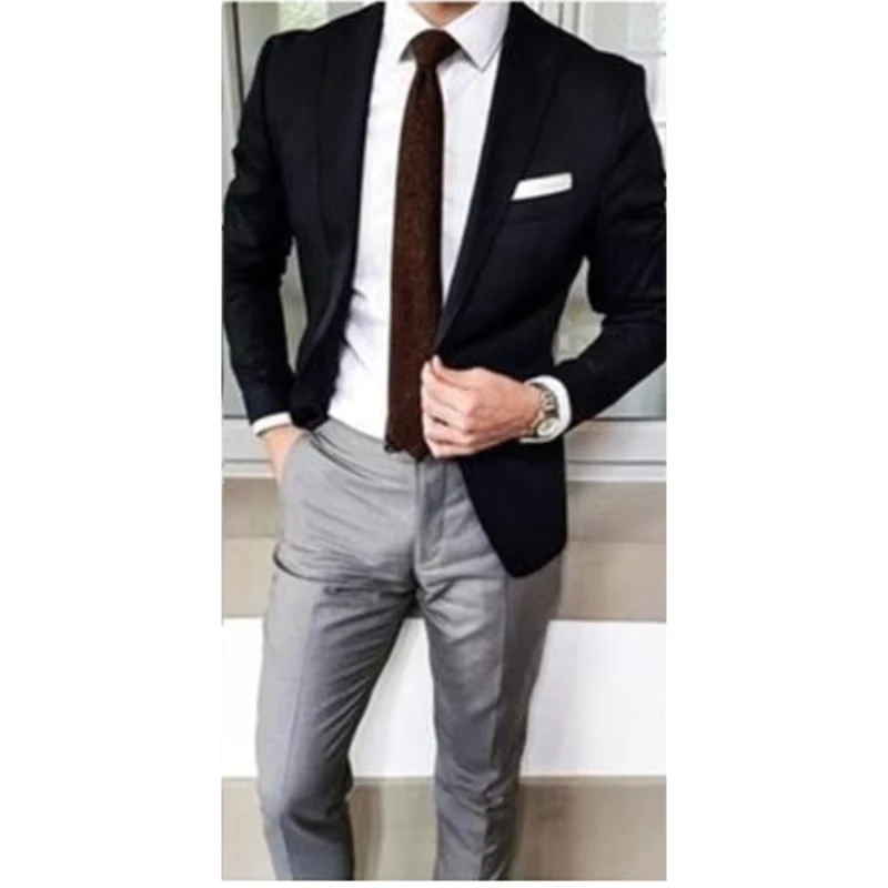 Winter New2 Pieces Custom Men Suits Tuxedo for Wedding Business Blazer Top Lapel Costume Formal Suits(Black Jacket+Grey Pant)