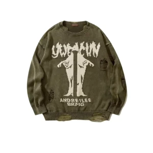 Winter Plus Size Warm Men’s Streetwear Frayed Loose Solid Color Distressed Knitted Pullover Sweaters