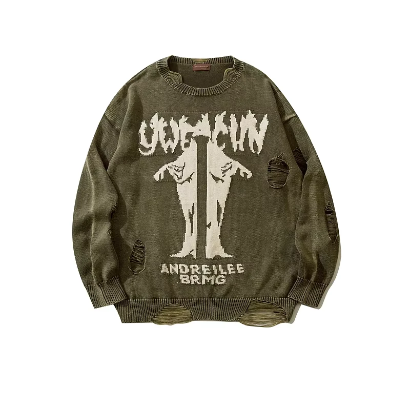Winter Plus Size Warm Men's Streetwear Frayed Loose Solid Color Distressed Knitted Pullover Sweaters