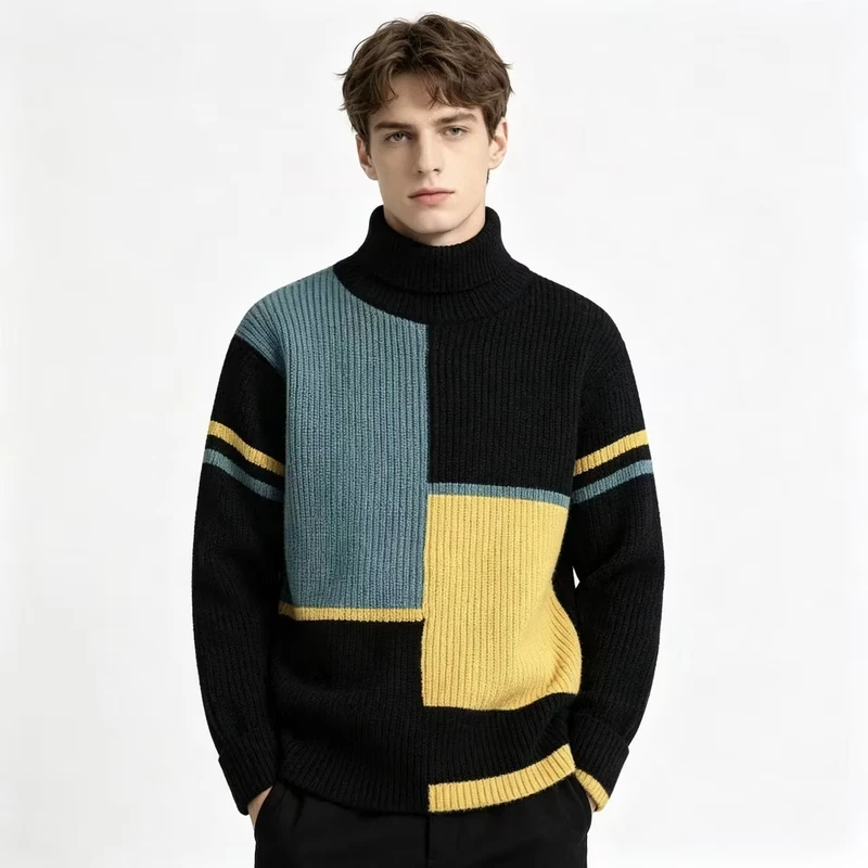 Winter Sweaters Men's Contrast Color Underlay Knitwear Loose Sweaters Men's Warm Knit