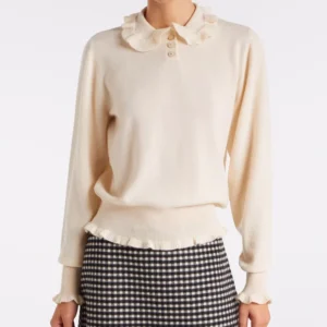 Wisrise OEM Custom Elegant &Sweet Ruffled Collar Frilled Trim Slim Fit Knit Sweater Top