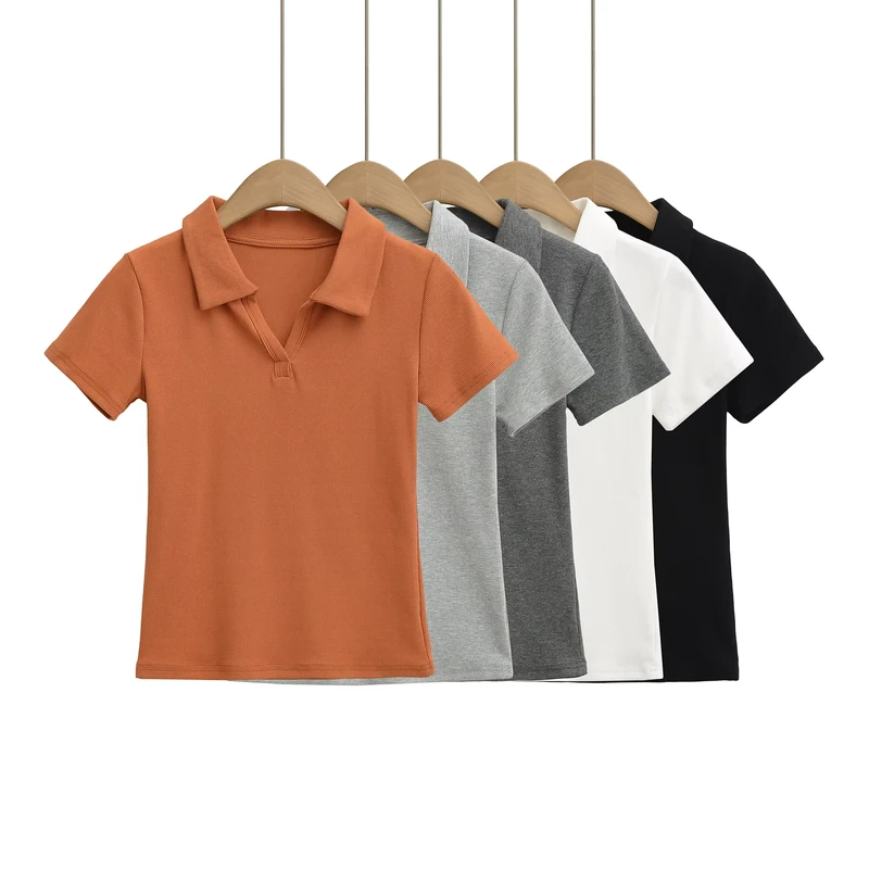 Woman Simple Basic Casual V neck Short sleeved Polo Shirt Solid Color Custom Embroidery Patch Work Uniform Polo t Shirts