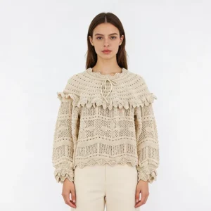Women Elegant Pullover Sweater Frill Pointelle Knit Jumpers Vintage Brown Sweaters Outwear Ruffle Tie