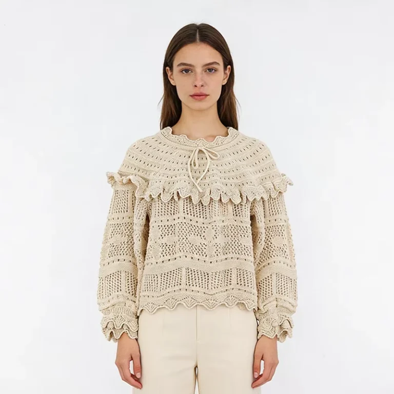 Women-Elegant-Pullover-Sweater-Frill-Pointelle-Knit-Jumpers-Vintage-Brown-Sweaters-Outwear-Ruffle-Tie