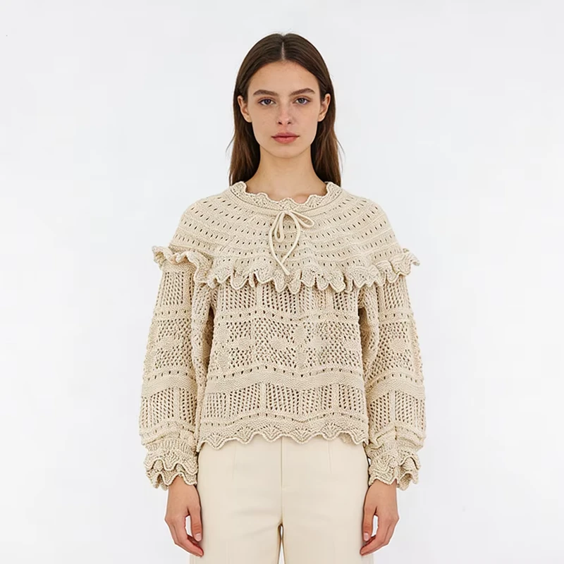 Women Elegant Pullover Sweater Frill Pointelle Knit Jumpers Vintage Brown Sweaters Outwear Ruffle Tie