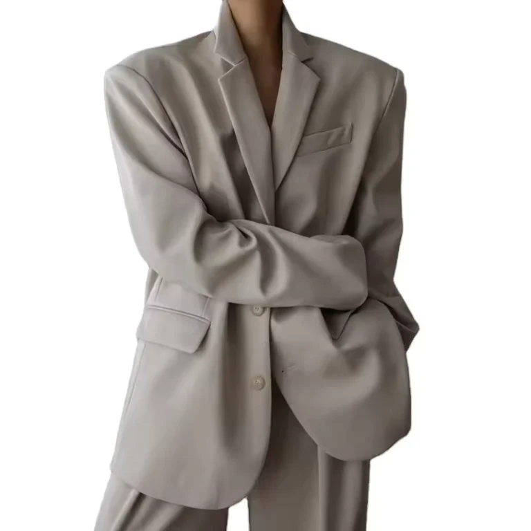 Women-Jacket-Beige-Mid-Weight-Suiting-Oversized-Silhouette-Padded-Shoulders-Flap-Front-Pockets-Button-Front-Oversized-Fit-blazer