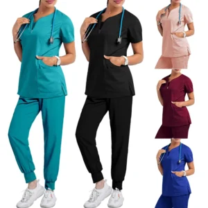 Women Medical Scrub Set Half Zip Nurse Uniform Top and Jogger Pants Multi Pocket Custom