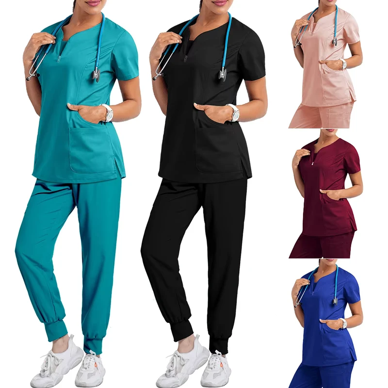 Women Medical Scrub Set Half Zip Nurse Uniform Top and Jogger Pants Multi Pocket Custom
