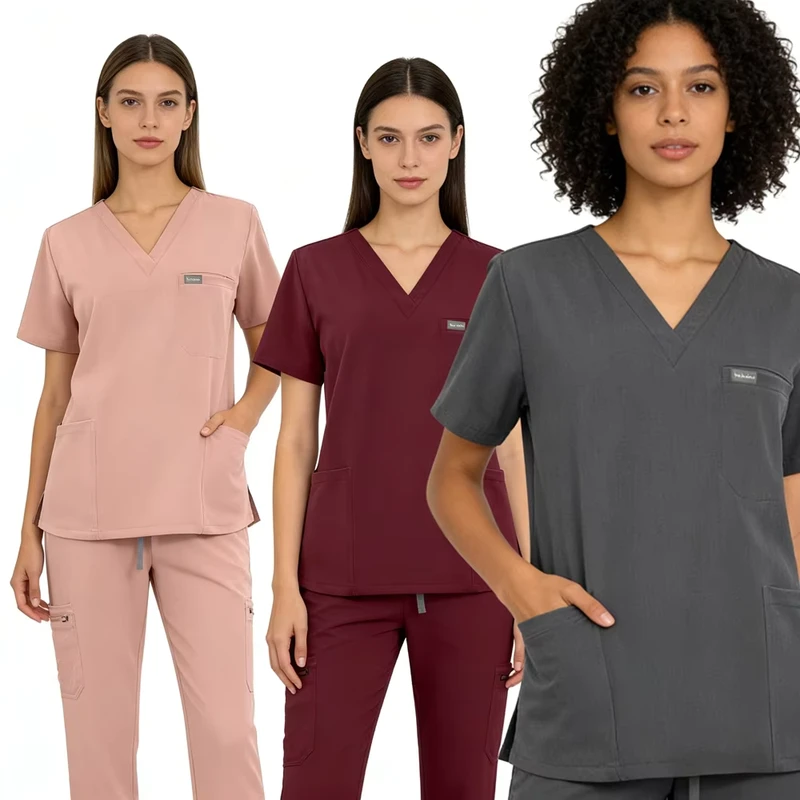 Women Men Medical Scrub Uniform Sets Polyester rayon spandex V neck Top Straight Leg Pants Hospital Use In stock