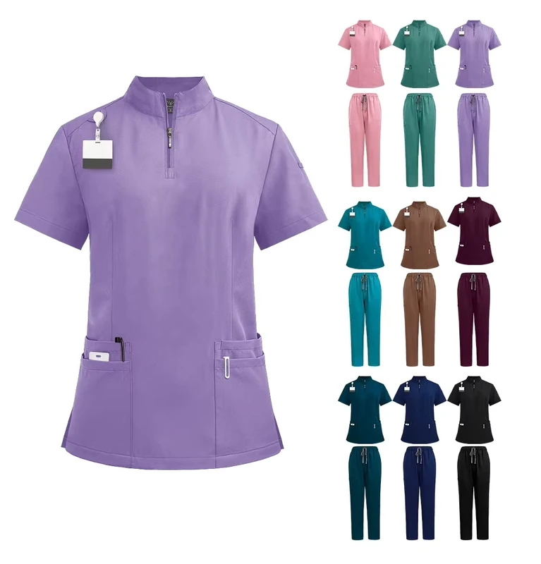 Women-Nurse-Uniform-Hospital-Doctor-Uniform-Scrub-Suits-Stand-Collar-Zipper-Tops-Straight-Pants-Medical-Scrub-Uniform-Set