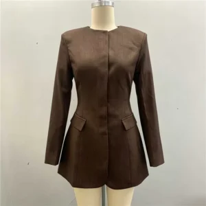 Women Peplum Blazer Suit Jacket Stretch Work Office Business Casual Slim Fit Round Neck Long Sleeve with Pockets