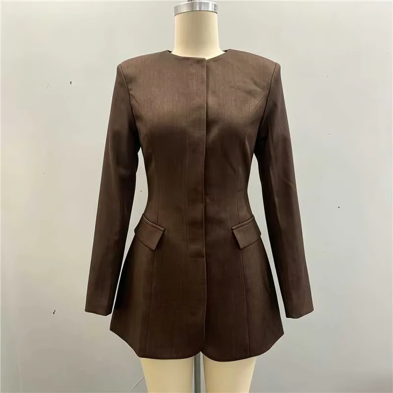 Women Peplum Blazer Suit Jacket Stretch Work Office Business Casual Slim Fit Round Neck Long Sleeve with Pockets