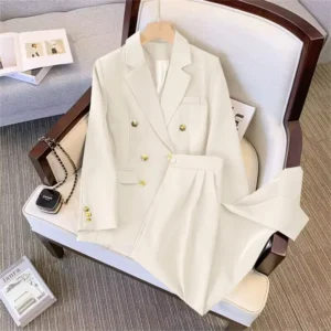 Women Slim Formal Suit Lined Long Sleeve Pocketed Blazer + Long Wide Leg Pants Set Mid East Lady Autumn Spring Formal Suit